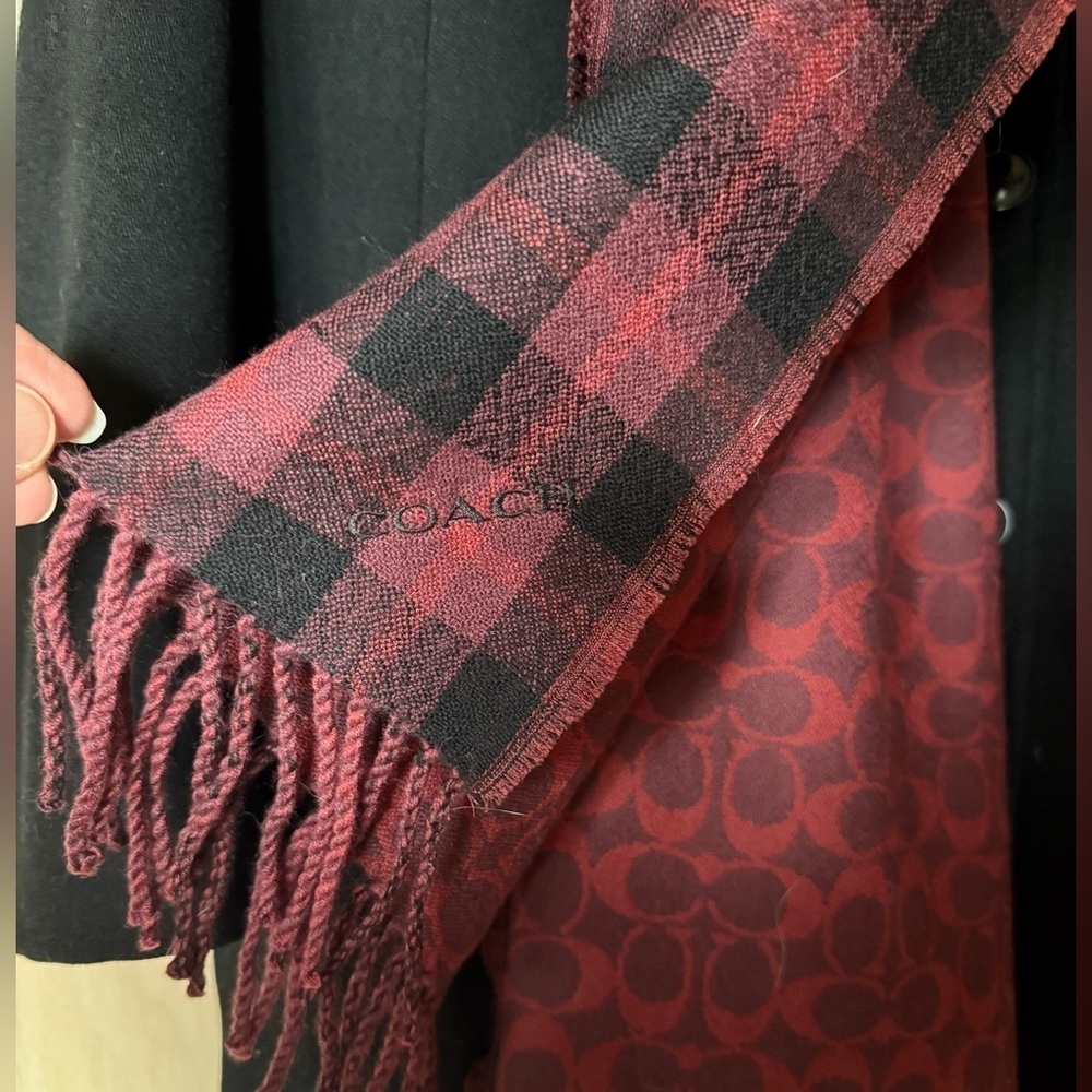Coach Reversible Signature Plaid Wool Scarf Rich Burgundy Black OS